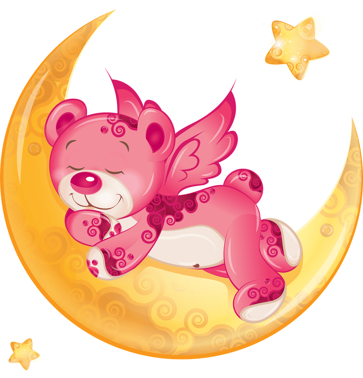 pink teddy bear with wings sleeping on gold crescent moon with two small gold stars